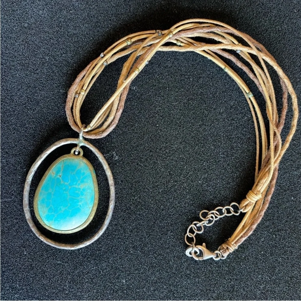 Silpada Howlite Turquoise Pendant Necklace with Brown Cord .925 Silver frame. - Picture 8 of 9